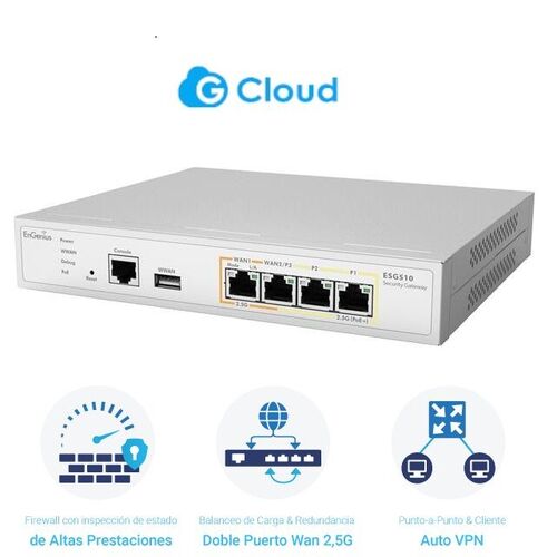 Gateway/Router ENGENIUS ESG510 4 puertos 2.5 Gigabit, balanceador de cargas 2 Wan, servidor VPN, 1 USB para 4G/5G, firewall L3, gestión Cloud