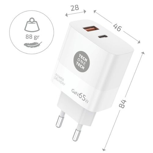 CARGADOR PARED 1xUSB, 1xUSB Tipo-c / 65W