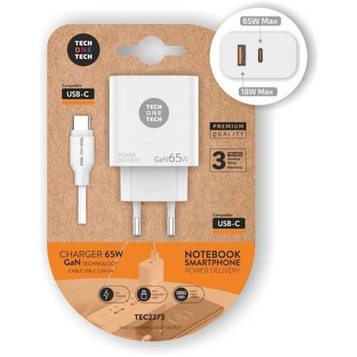 CARGADOR PARED 1xUSB, 1xUSB Tipo-c / 65W