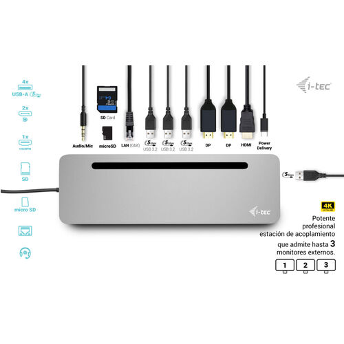 Docking Station HUB i-tec USB-C, RJ45 Metal Ergonomic 3x 4K Display 100W + Cargador universal 100W