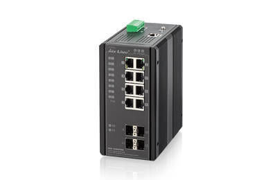 SWITCH 8 PUERTOS 10/100/1000 MBPS+4 SLOT FIBRA SFP 1000 MBPS. formato carril DIN, IP31, 8 puertos POE 802.3 af/at hasta 240 W. GestiSNMP v1, v2c